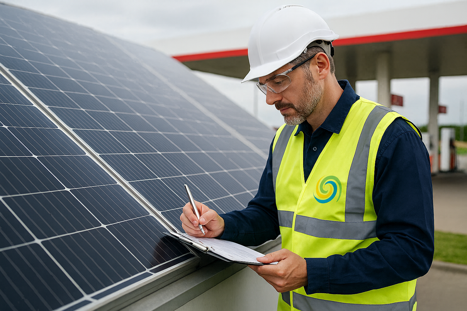 Inspection and testing Engineer checking solar panels at a petrol station